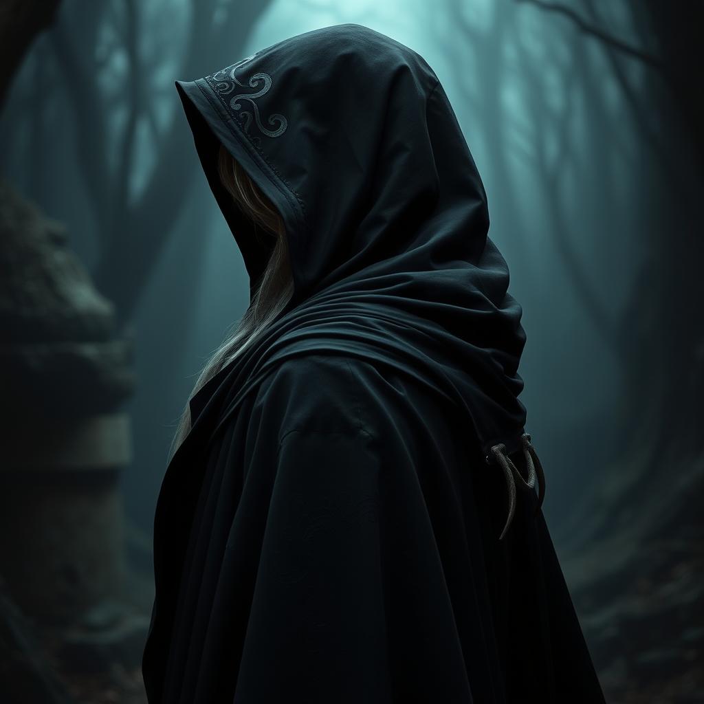 A side profile of a mysterious character wearing a flowing black cloak that conceals their face, with long hair hidden beneath the hood