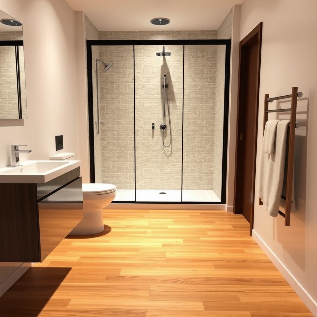A beautifully designed bathroom layout showcasing a warm, wooden-style ceramic floor that creates a sense of comfort and contrast