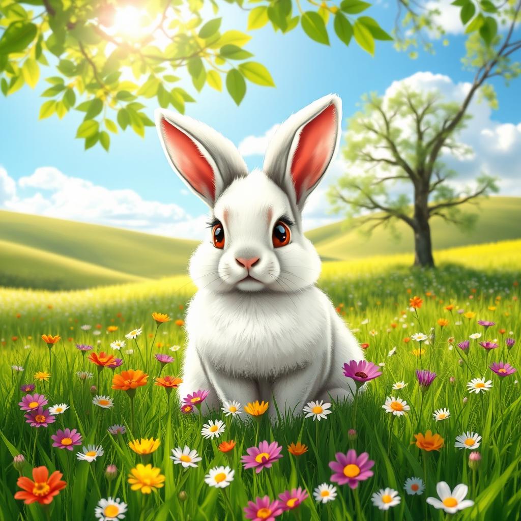 A cute and fluffy bunny rabbit sitting on a vibrant green meadow filled with colorful wildflowers
