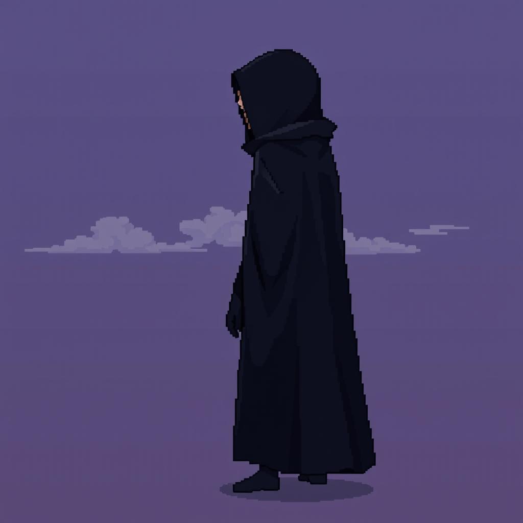 A pixel art character viewed from the side, wearing a long black cloak that obscures their face and completely covers their hair
