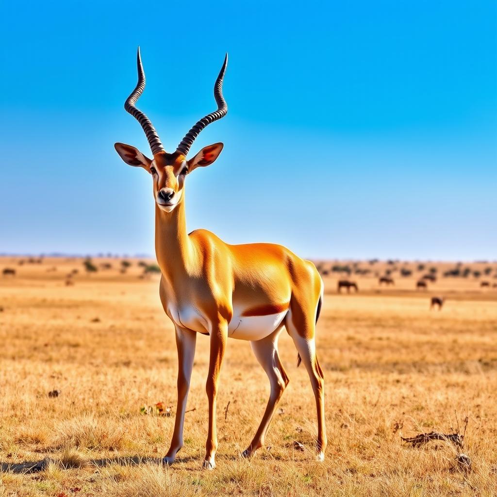 A majestic antelope gracefully standing on a sunlit grassy plain, with its elegant horns towering above its regal head