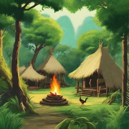 Depict a lush, verdant jungle filled with traditional huts. A small fire bird is actively distributing fire to these huts while the happy natives are watching with delight.