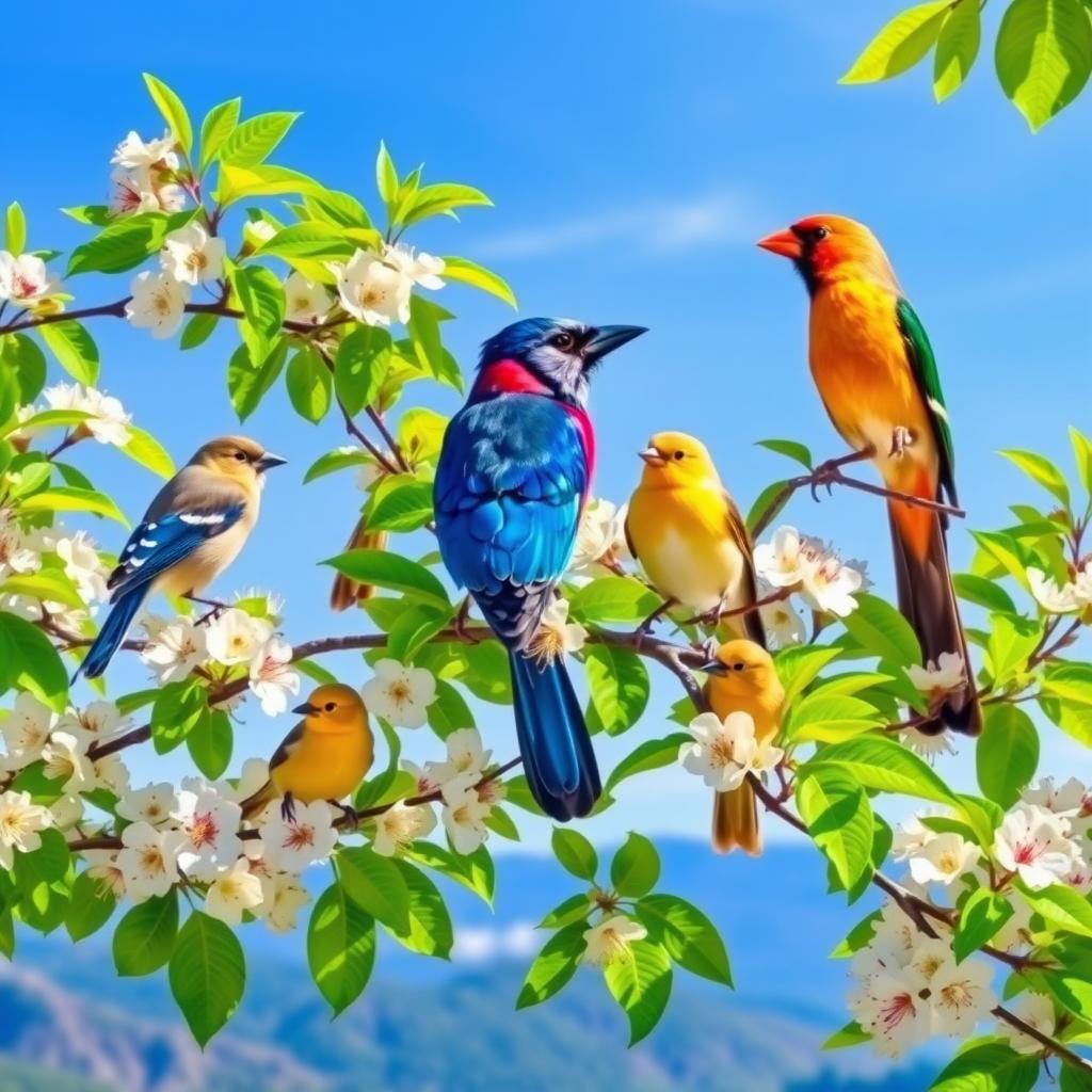 A vibrant scene depicting a variety of colorful birds perched on lush green branches of a flowering tree
