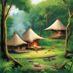 Depict a lush, verdant jungle filled with traditional huts. A small fire bird is actively distributing fire to these huts while the happy natives are watching with delight.