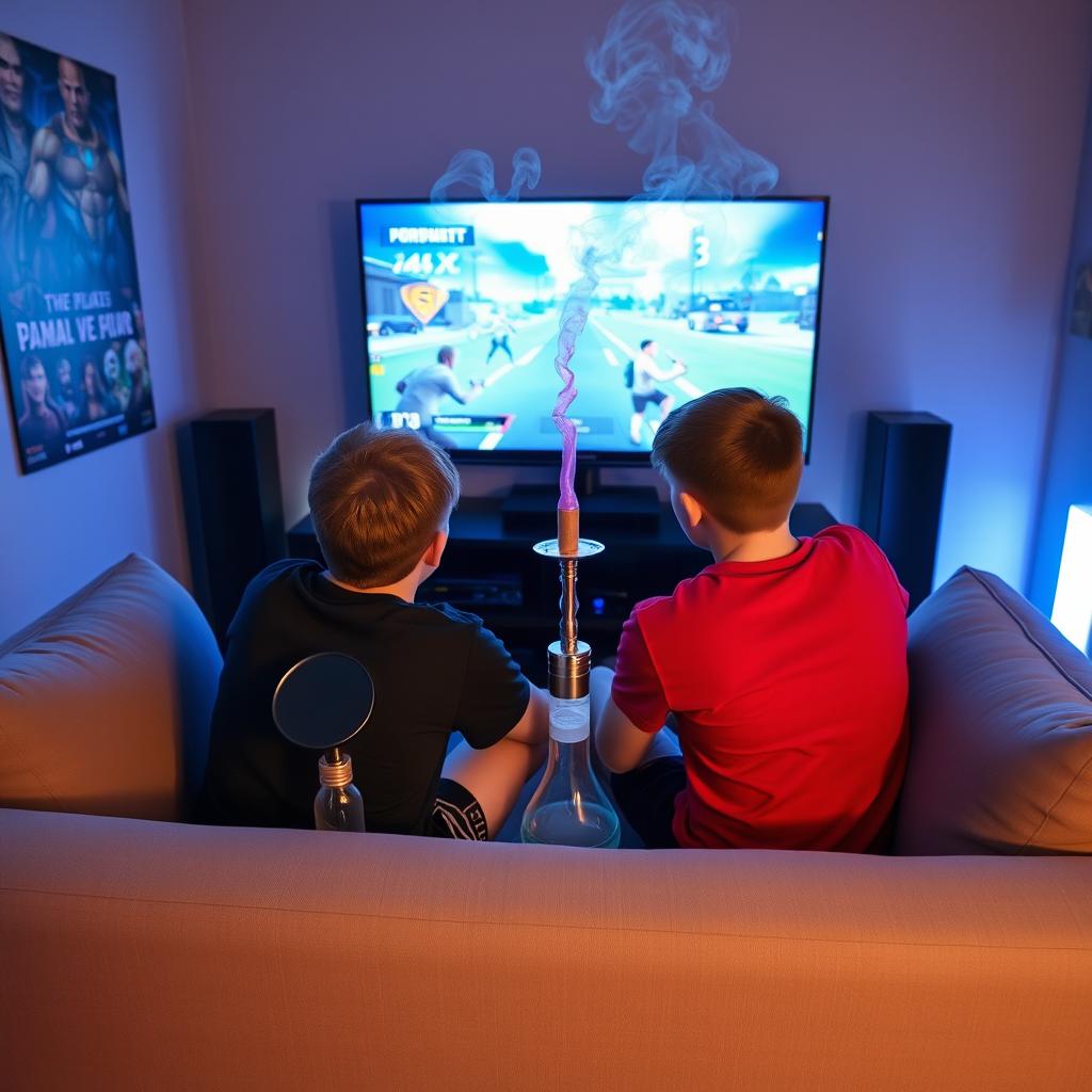 Two boys sitting on a comfortable couch, deeply engaged in playing video games together