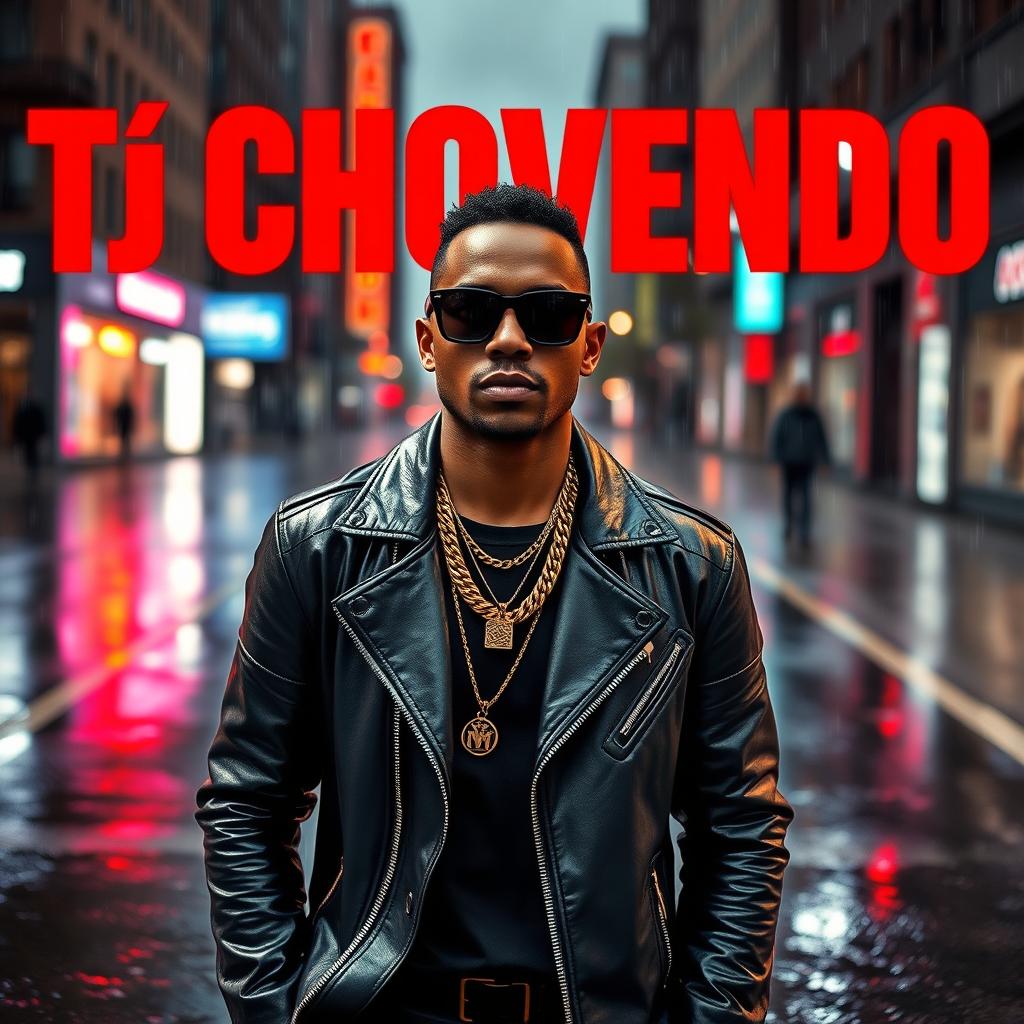 A stylish black man dressed in gangster attire, featuring a sleek black leather jacket, gold chains, and stylish sunglasses