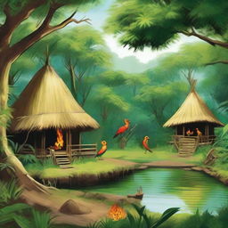 Depict a lush, verdant jungle filled with traditional huts. A small fire bird is actively distributing fire to these huts while the happy natives are watching with delight.