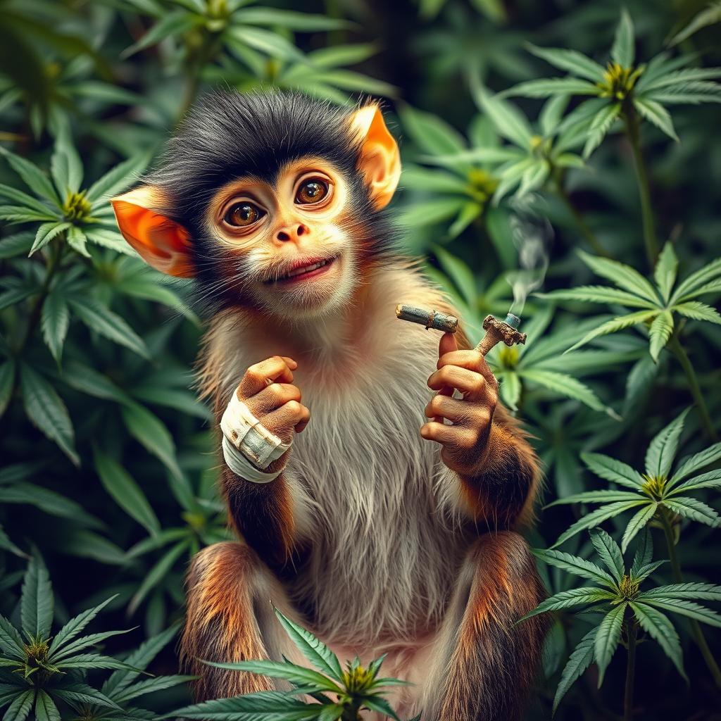 A playful scene depicting a female spider monkey with a cheeky expression, sitting in the foreground, looking slightly bandaged as if it has just had a little accident