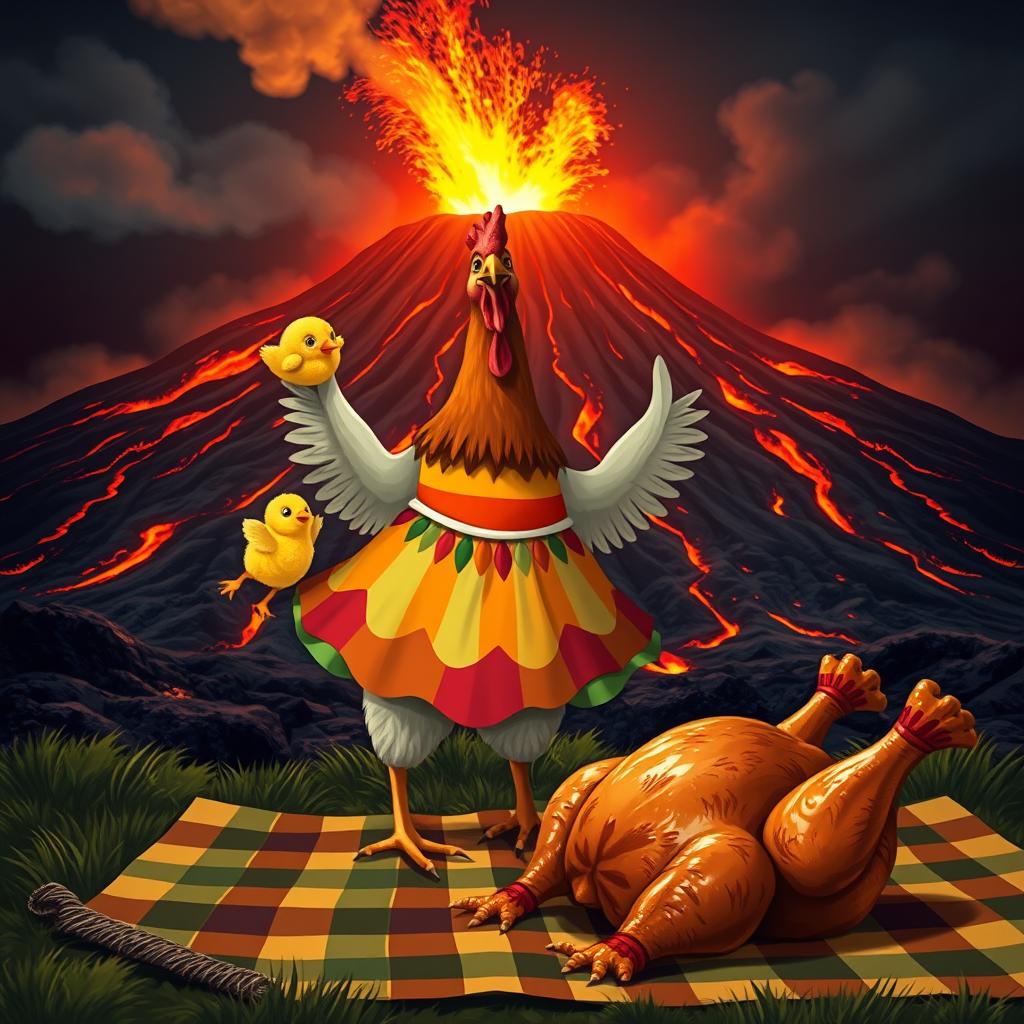 A whimsical scene featuring a chicken (galinha) wearing a colorful dress, dancing joyfully in front of an active volcano