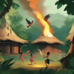 A small flaming bird, spreading radiant fire to traditional huts in a dense, green jungle. Indigenous people look on in joy and celebration at the beautiful spectacle.