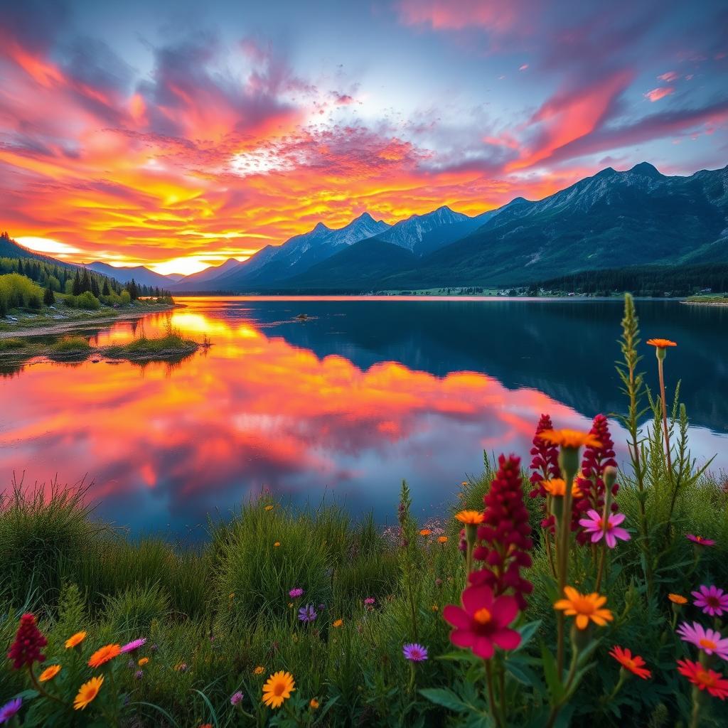 A beautifully sharp and detailed image of a serene landscape, showcasing a vibrant sunset over a tranquil lake surrounded by lush greenery