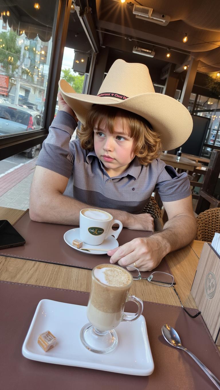 A cowboy in a rustic Western setting, sitting at a wooden table in a lively saloon