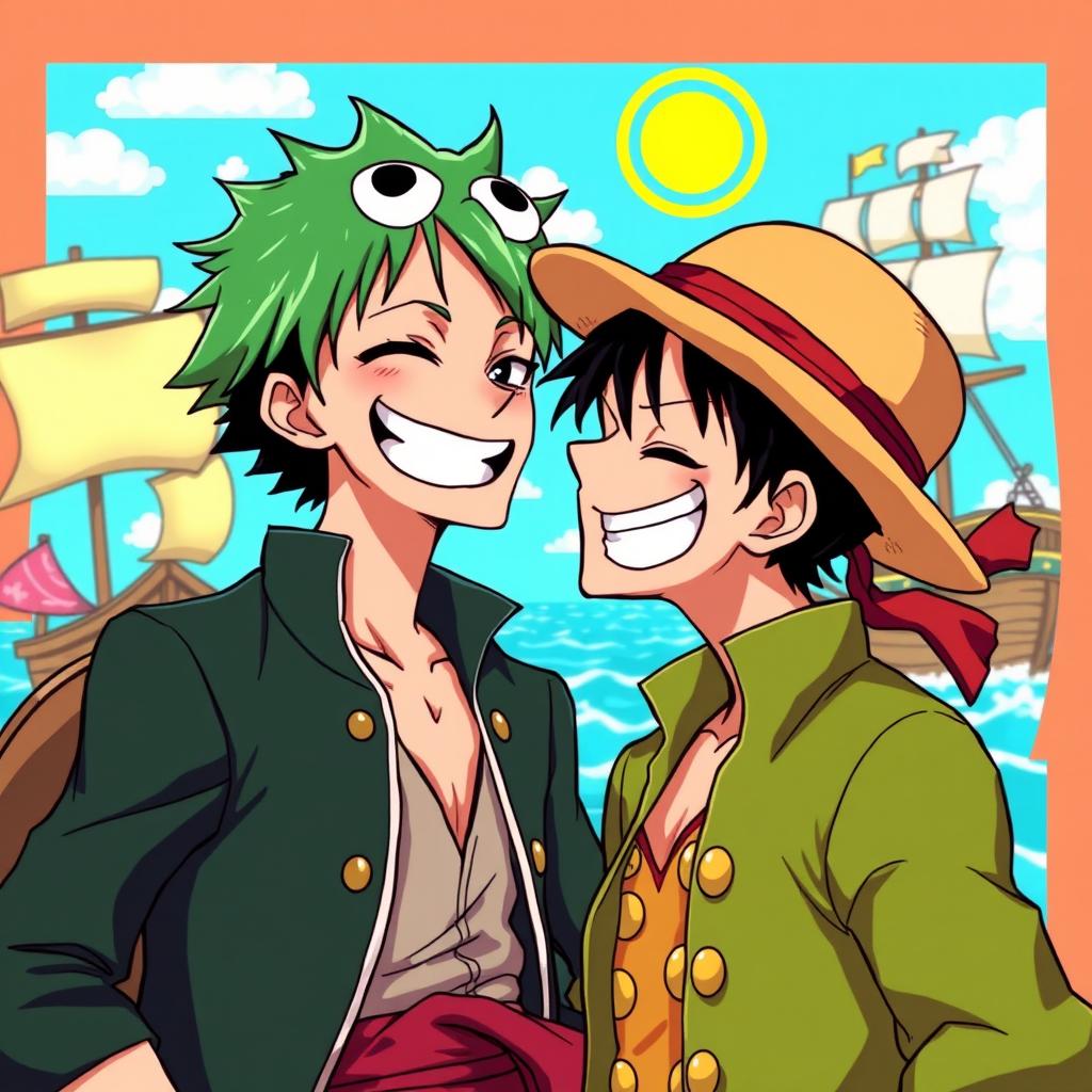 A vibrant and colorful fan art of Zoro from One Piece sharing an affectionate kiss with Luffy on the cheek, set against a cheerful background featuring iconic elements from the One Piece world, such as the Thousand Sunny ship and a bright blue ocean