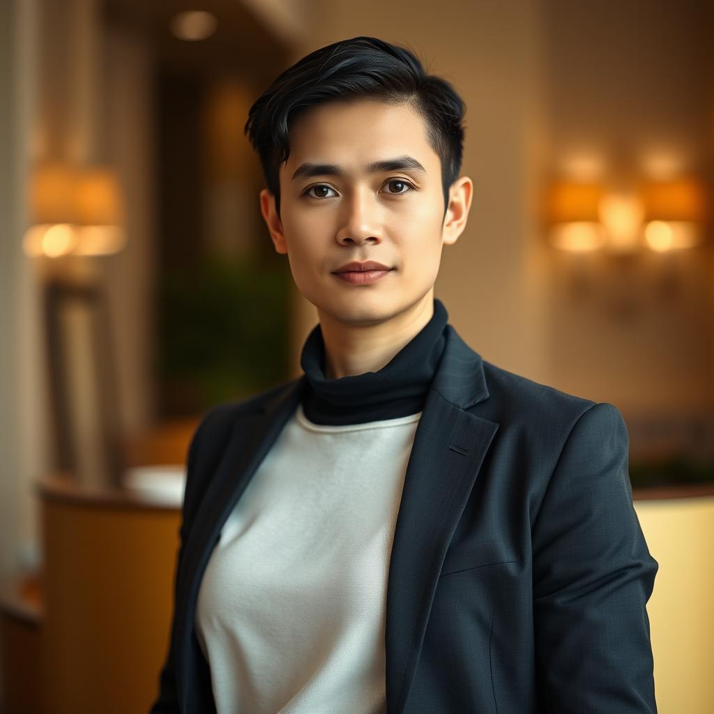 A professional photo of a person standing confidently, with a neutral expression, in an elegant setting