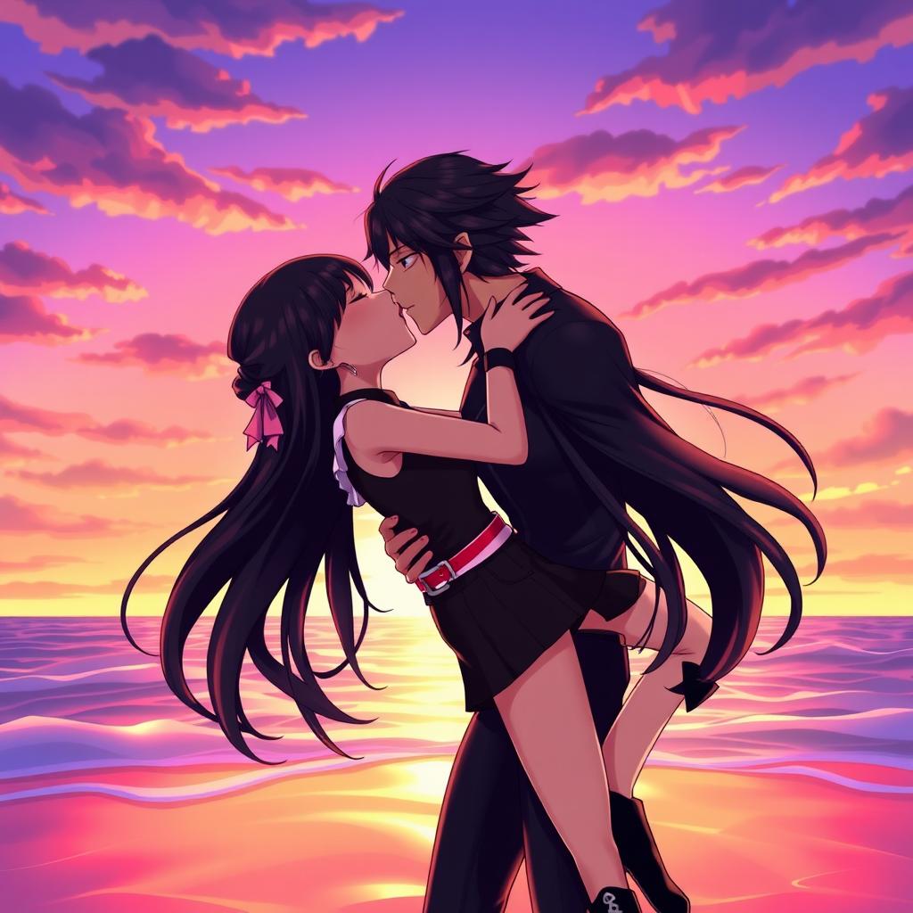A stylized illustration of a character named Zero passionately kissing another character named Nico Robin, both characters depicted in a vibrant anime art style