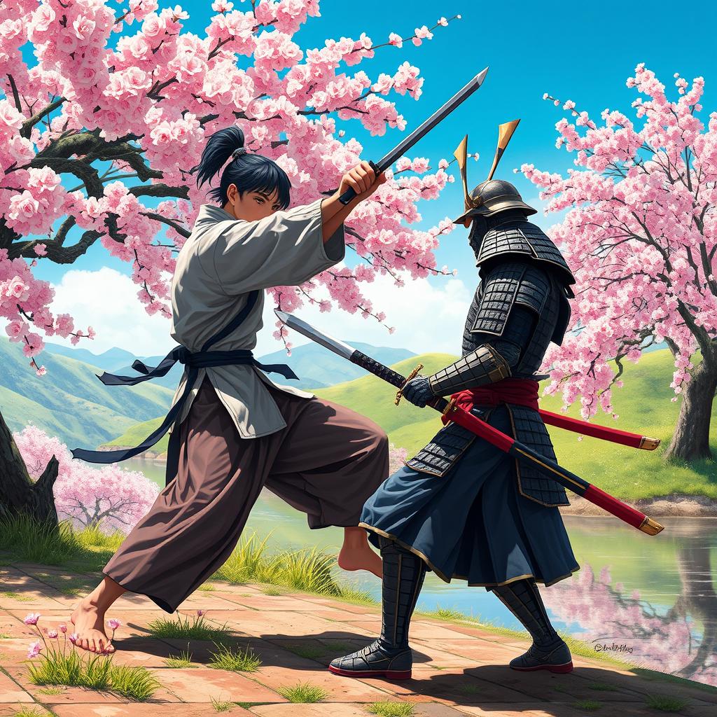 A fierce and dramatic battle scene depicting a young Japanese martial artist engaged in combat with a classic samurai warrior