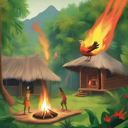 A small flaming bird, spreading radiant fire to traditional huts in a dense, green jungle. Indigenous people look on in joy and celebration at the beautiful spectacle.