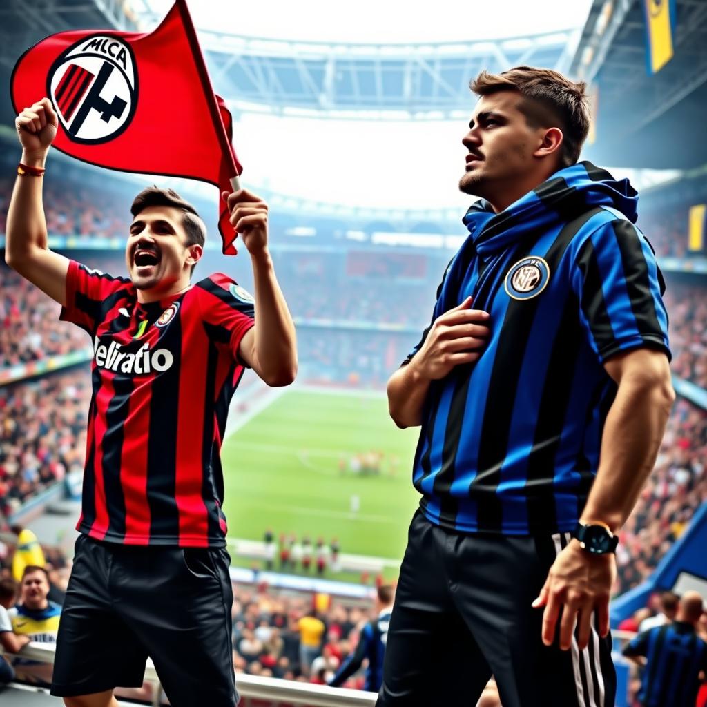 A dynamic scene depicting a passionate football rivalry between two fans
