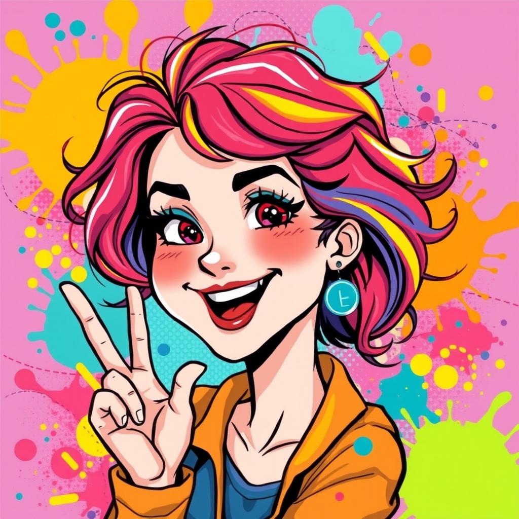 A vibrant and whimsical illustration of a woman with colorful hair and bright expressive features, playfully posing in a joyful and fun manner