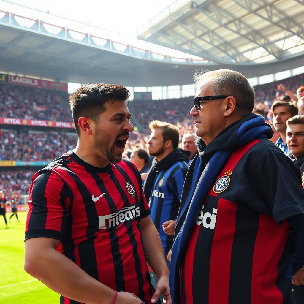 A heated scene at a vibrant football match, showcasing a passionate AC Milan fan passionately confronting an Inter Milan fan