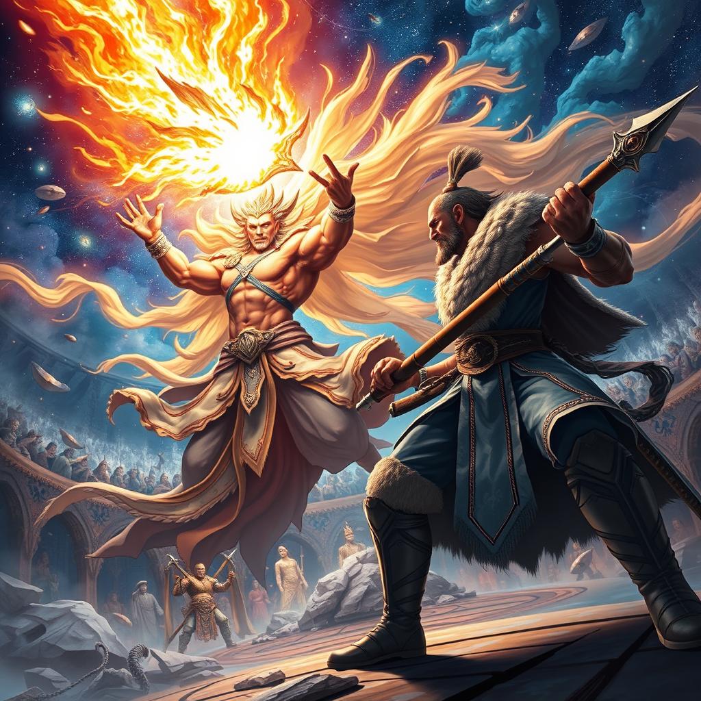 A dynamic and intense scene inspired by 'Record of Ragnarok', featuring epic battle action between gods and legendary warriors