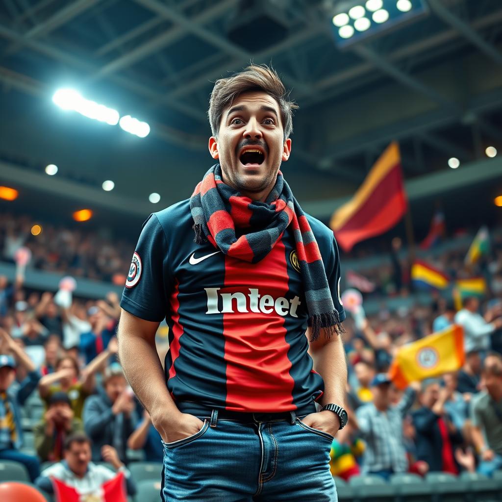 A humorous scene depicting a passionate football fan in a stadium, wearing an Inter Milan jersey and a vibrant scarf, looking shocked and embarrassed as he experiences an unfortunate moment in his jeans