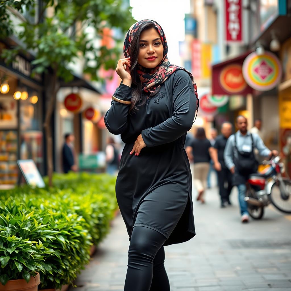 A Muslim woman confidently posing, showcasing her curvy figure while wearing stylish leggings