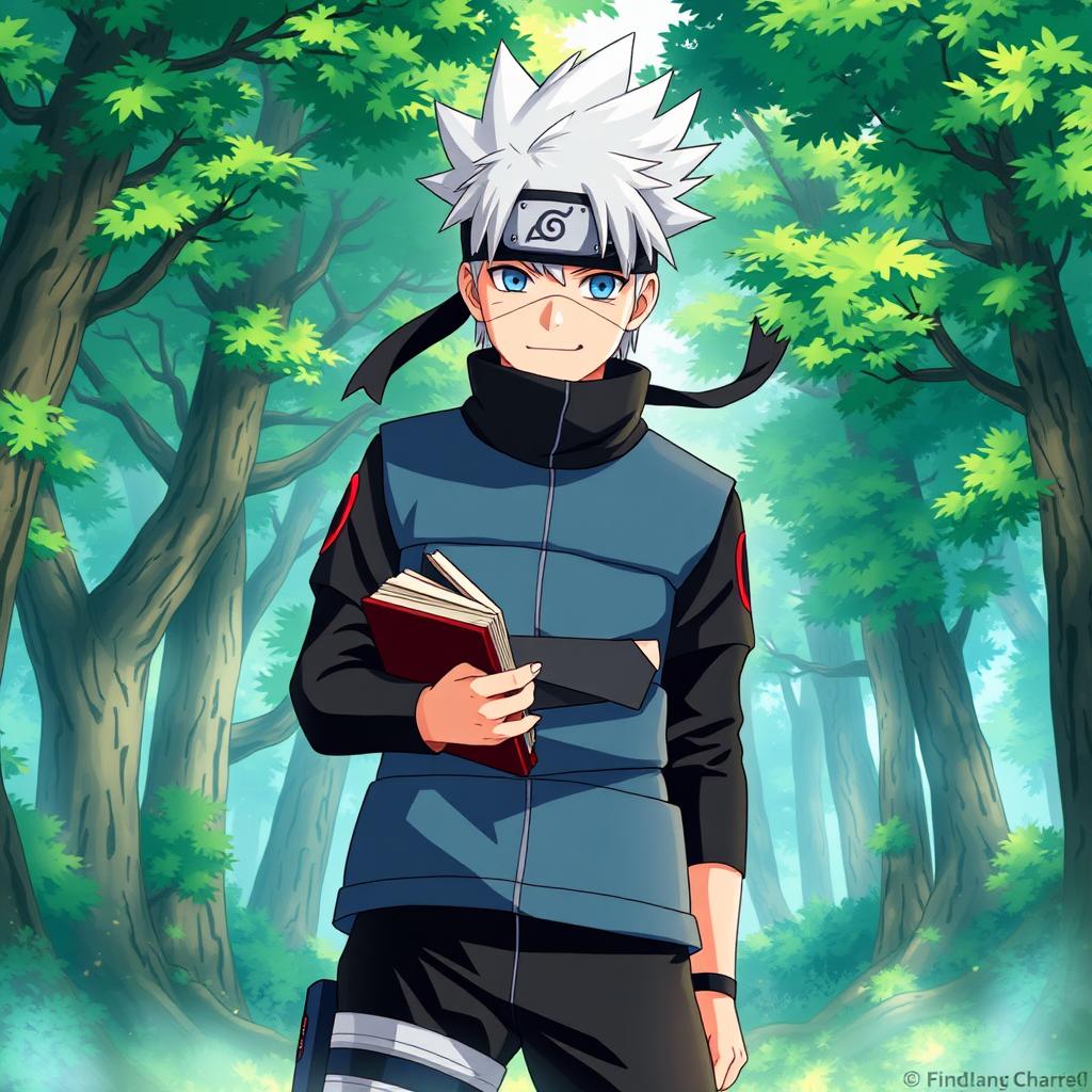 A striking illustration of Kakashi Hatake from Naruto, showcasing his iconic spiky silver hair and ninja headband partially covering one eye