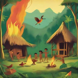 A small flaming bird, spreading radiant fire to traditional huts in a dense, green jungle. Indigenous people look on in joy and celebration at the beautiful spectacle.