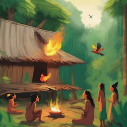 A small flaming bird, spreading radiant fire to traditional huts in a dense, green jungle. Indigenous people look on in joy and celebration at the beautiful spectacle.