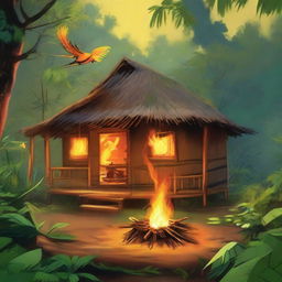 A small radiant firebird gracefully spreading fire to three distinct huts located in a verdant jungle. Indigenous people watch with evident joy and contentment, their faces lit by the warm glow.