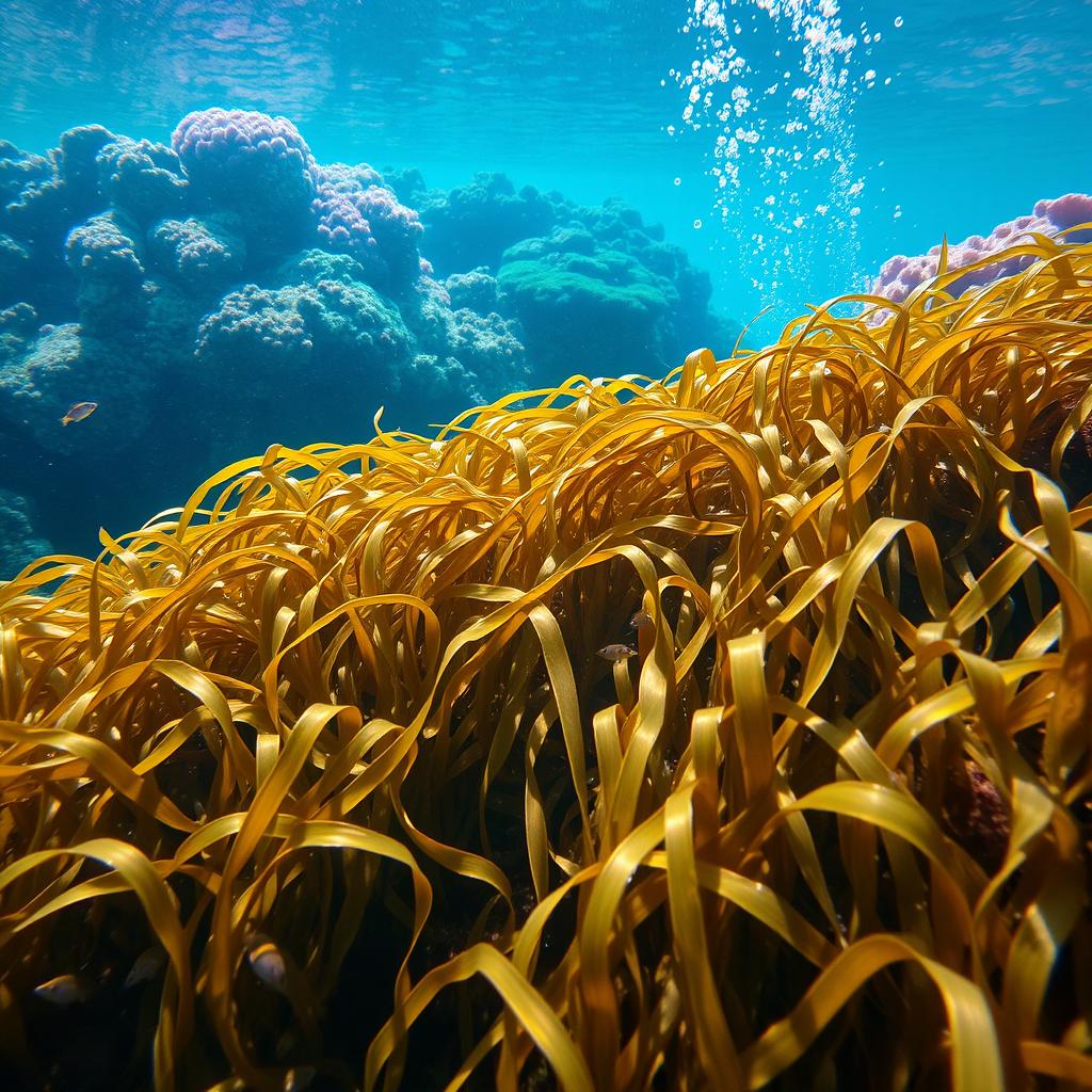 A vibrant underwater scene showcasing a flourishing bed of seaweed swaying gently in the ocean currents