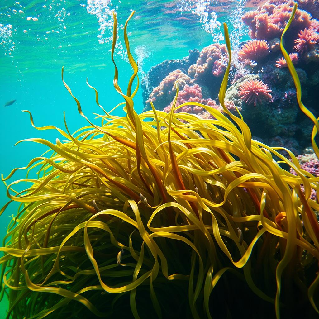 A vibrant underwater scene showcasing a flourishing bed of seaweed swaying gently in the ocean currents