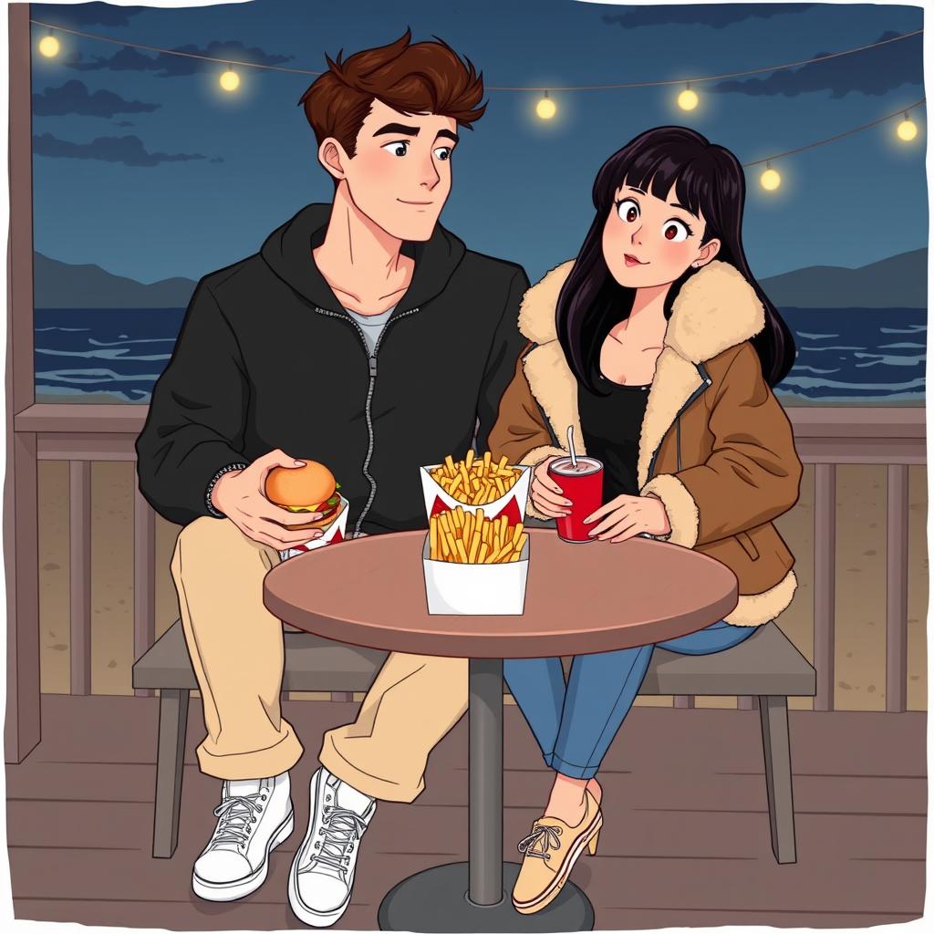 A cartoon-style illustration of two lovers sitting together on a porch at night, with a beach in the background