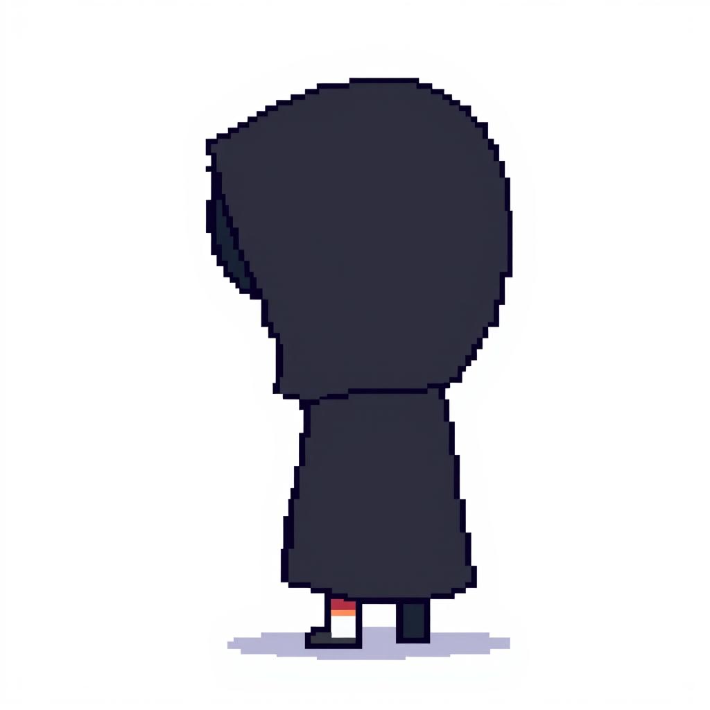 An extremely simple pixel art character viewed from the side, clad in a basic black cloak that covers their face and hides their hair