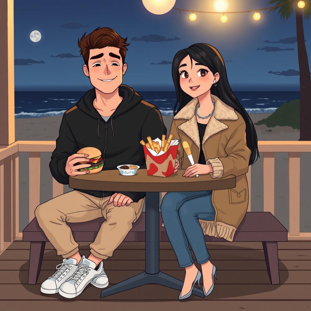 A cartoon-style illustration of two lovers sitting together on a porch at night, with a beach in the background