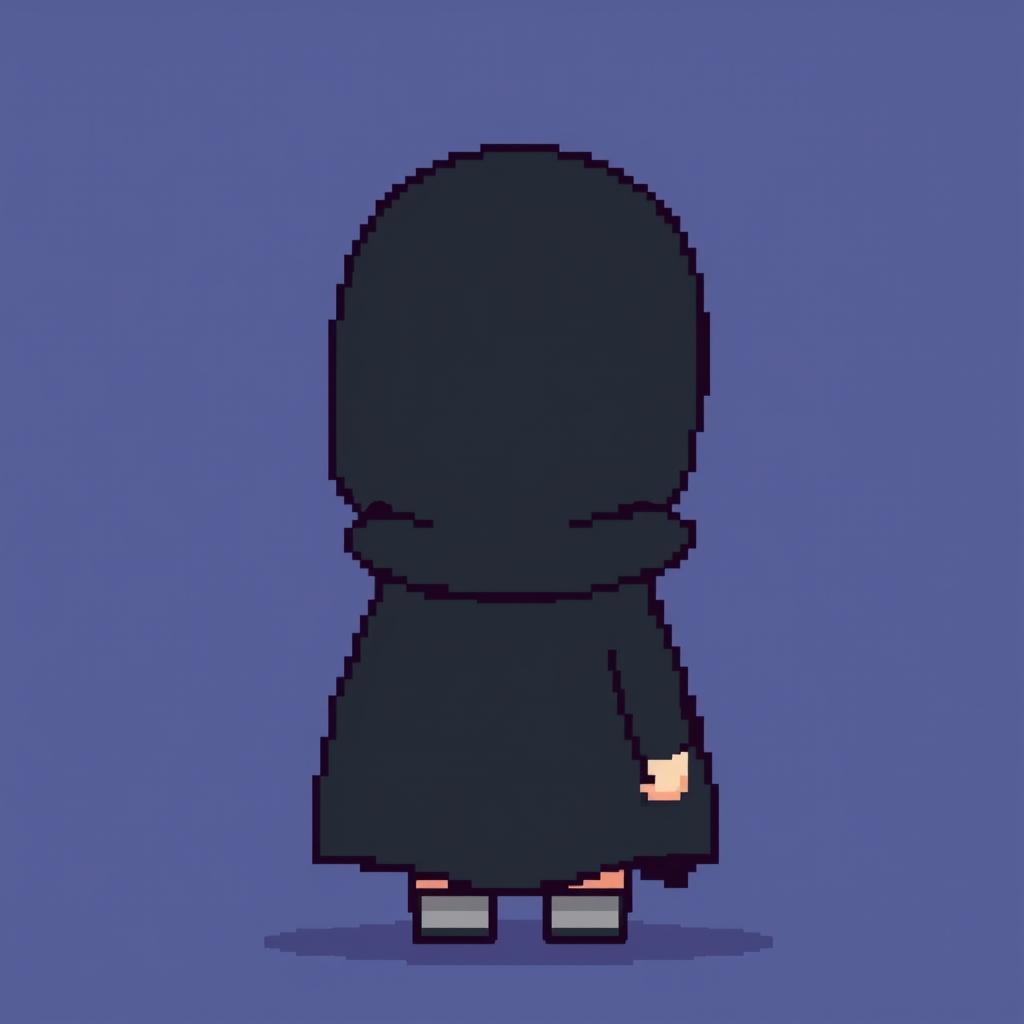 A simple pixel art character viewed from the side, dressed in a black cloak that covers their face and completely hides their hair