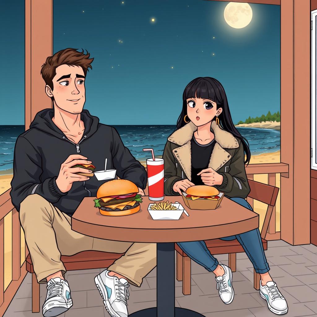 A comic book-style illustration of two lovers sitting together on a porch at night, with a beach in the background