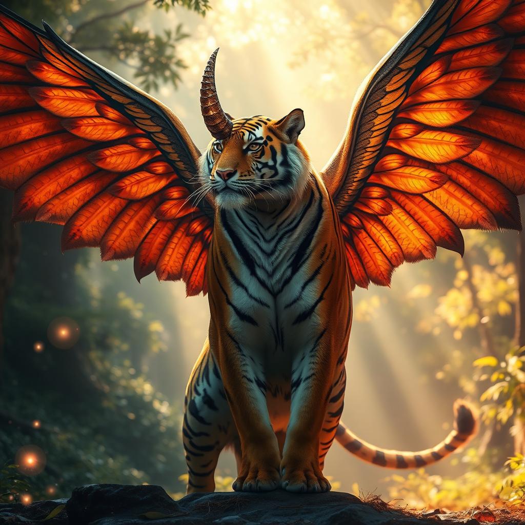 A majestic and powerful tiger with large, vibrant wings, showcasing intricate feather patterns in shades of orange, gold, and black