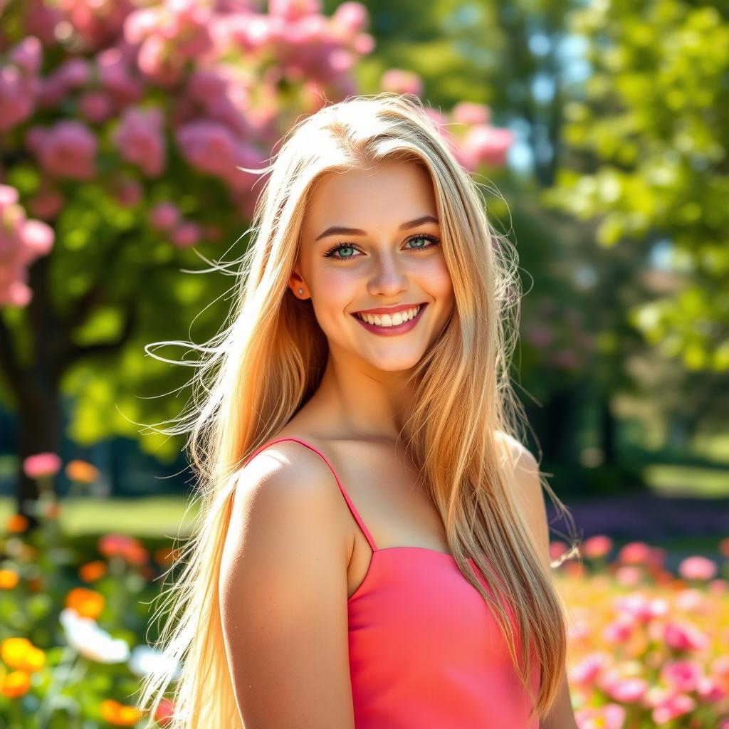A radiant 18-year-old young woman with sparkling blue eyes and long flowing golden hair, wearing a stylish, bright summer dress, standing in a sunlit park surrounded by blooming flowers