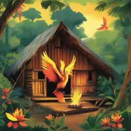 A small radiant firebird gracefully spreading fire to three distinct huts located in a verdant jungle. Indigenous people watch with evident joy and contentment, their faces lit by the warm glow.