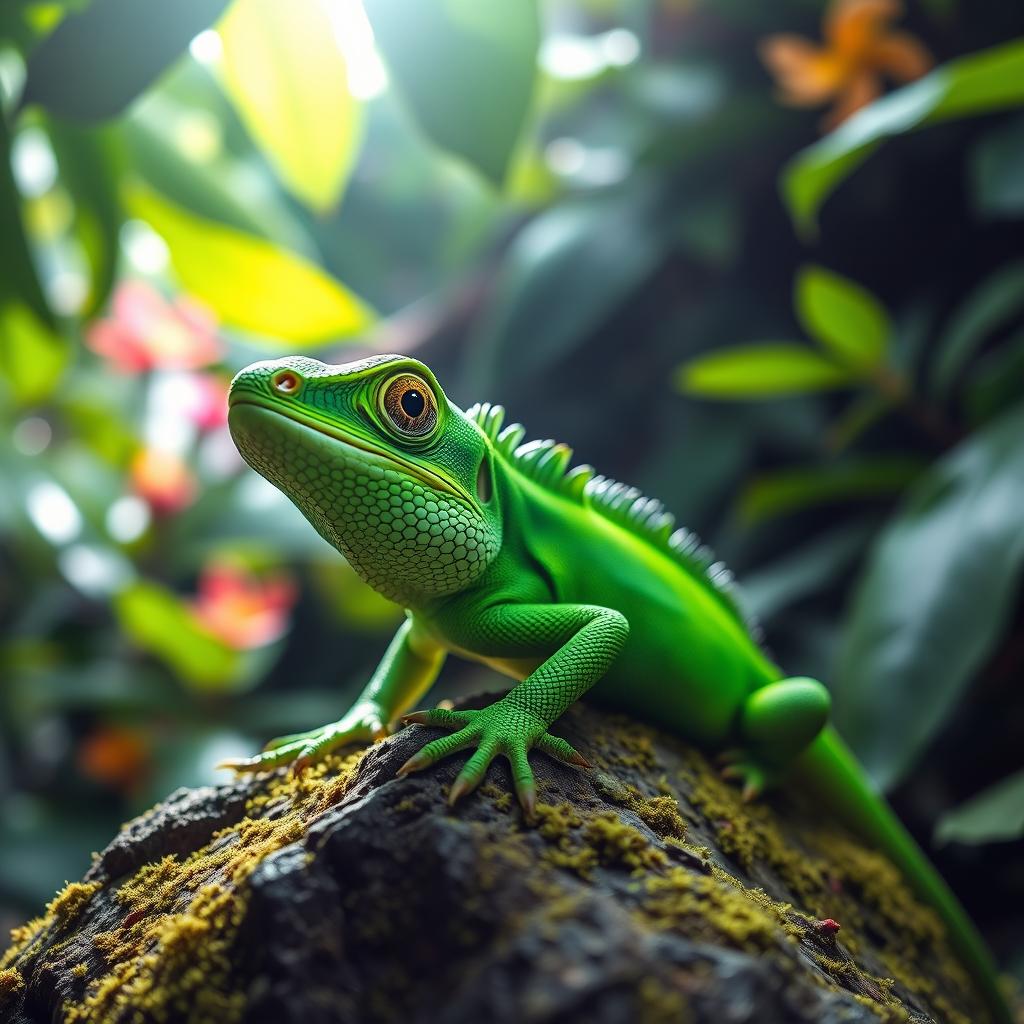 A close-up portrait of a vibrant green lizard perched on a mossy rock in a lush rainforest environment
