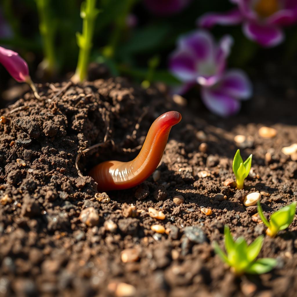 A macro shot of a soil-dwelling worm emerging from damp, rich earth in a lush garden