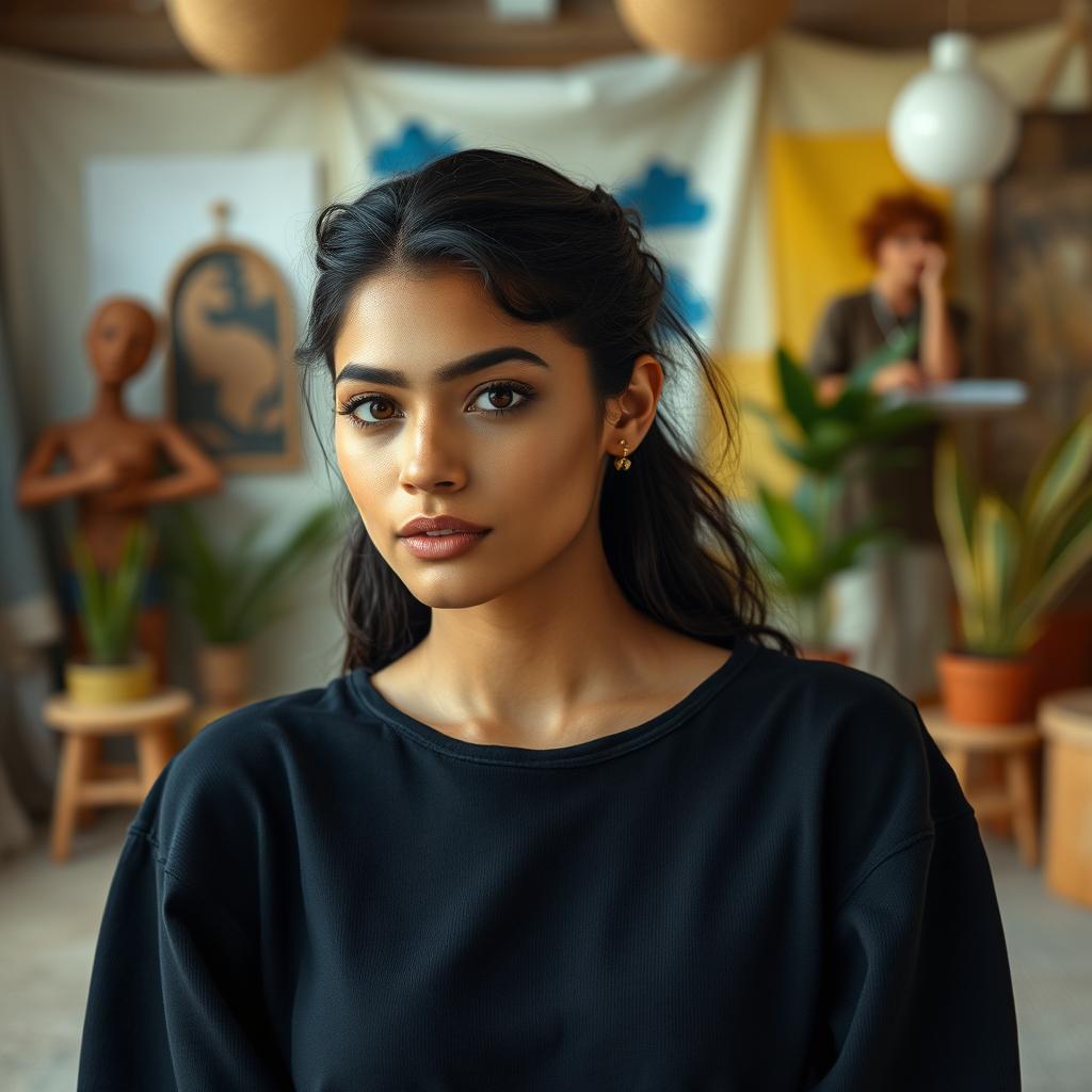 A Brazilian model with brown eyes and naturally dark hair, showcasing a simple yet elegant style
