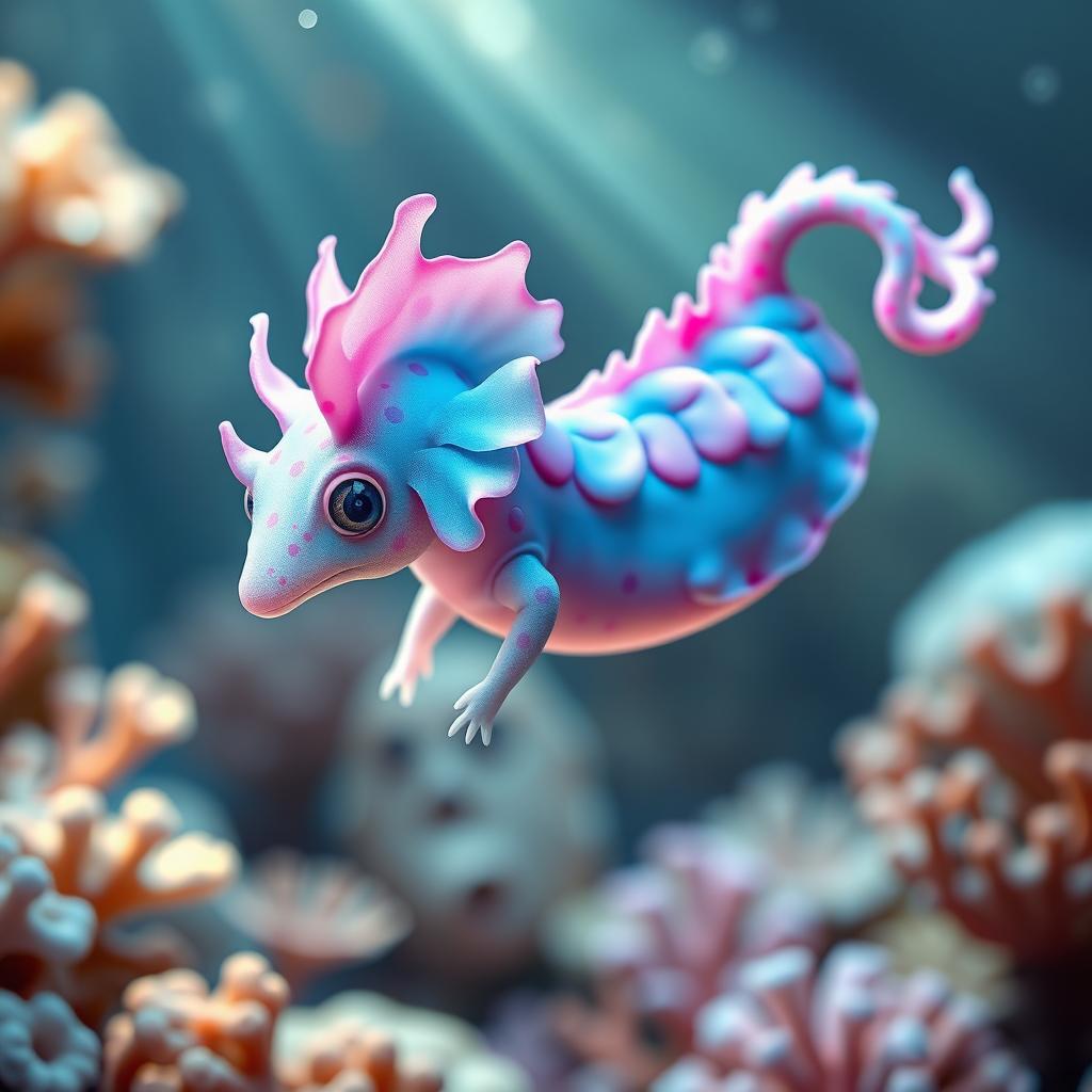 A whimsical and colorful creature that combines features of a pink and blue axolotl with a seahorse