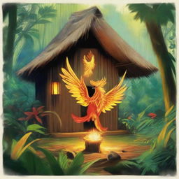 A small radiant firebird gracefully spreading fire to three distinct huts located in a verdant jungle. Indigenous people watch with evident joy and contentment, their faces lit by the warm glow.