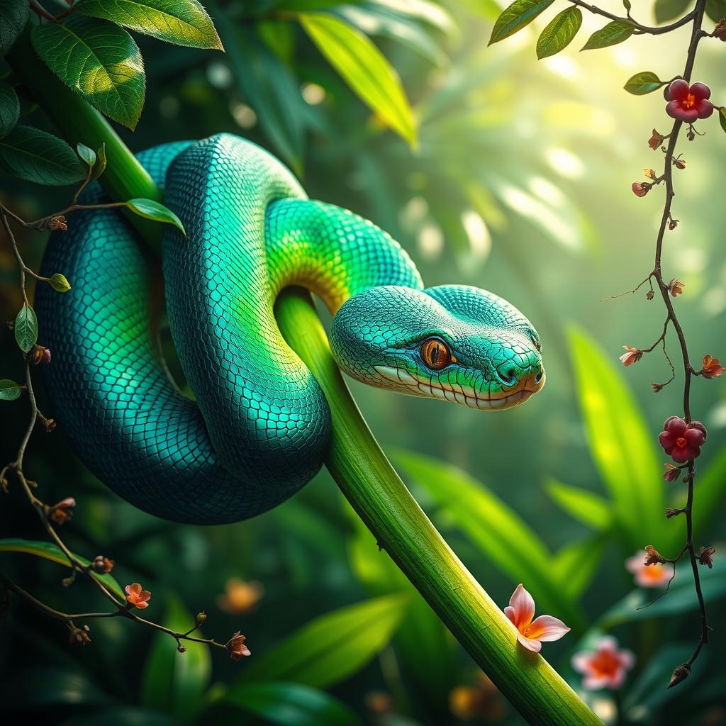 A visually striking snake, coiled gracefully around a vibrant green branch