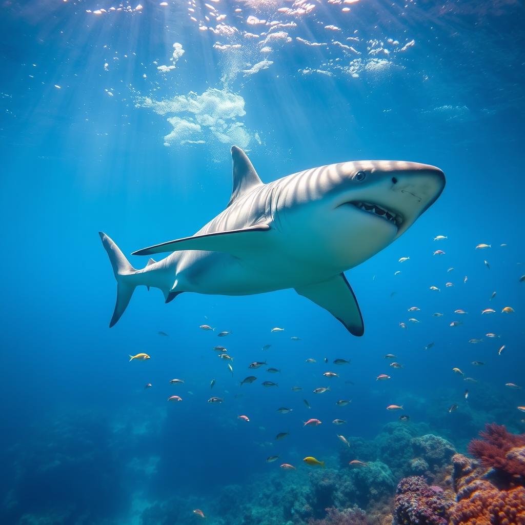 A majestic great white shark swimming gracefully through crystal clear ocean waters