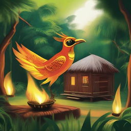 A small radiant firebird gracefully spreading fire to three distinct huts located in a verdant jungle. Indigenous people watch with evident joy and contentment, their faces lit by the warm glow.