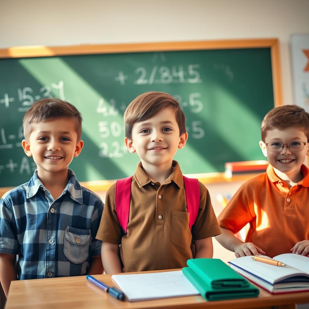 Enhance the image to have more vibrant and realistic colors, showcasing three boys in a classroom setting